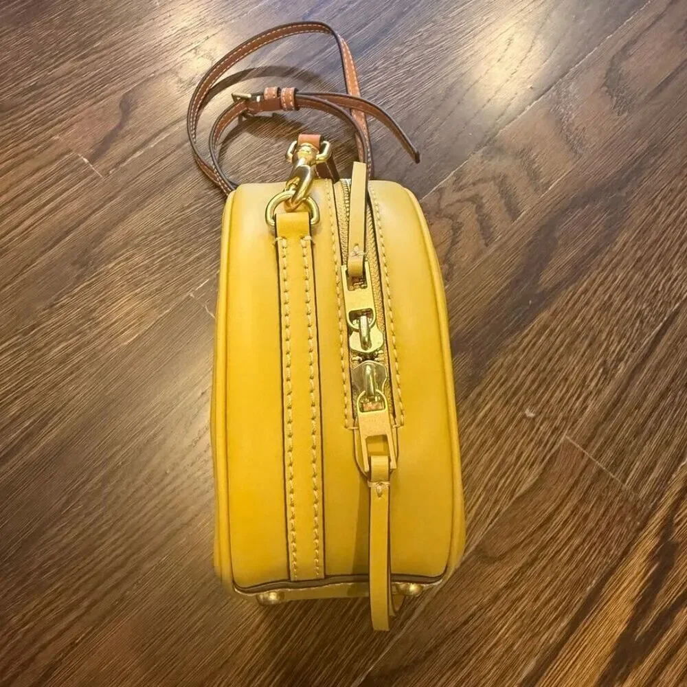 Tory Burch T Monogram Perforated Leather Circle Moon Bag, Golden Sunset, VGUC (C